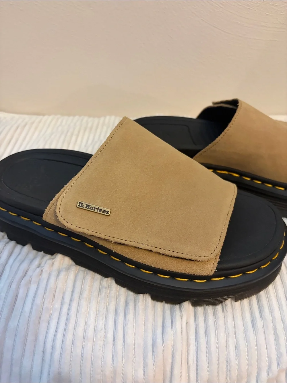 Dr. Martens Tan Suede Slide Sandals with Black Platform and Yellow Stitching